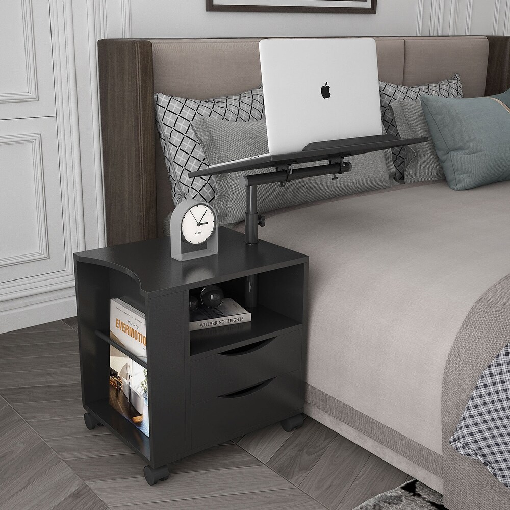 27 35'' Height Adjustable Overbed 2 drawer Nightstand with Shelf Wheels