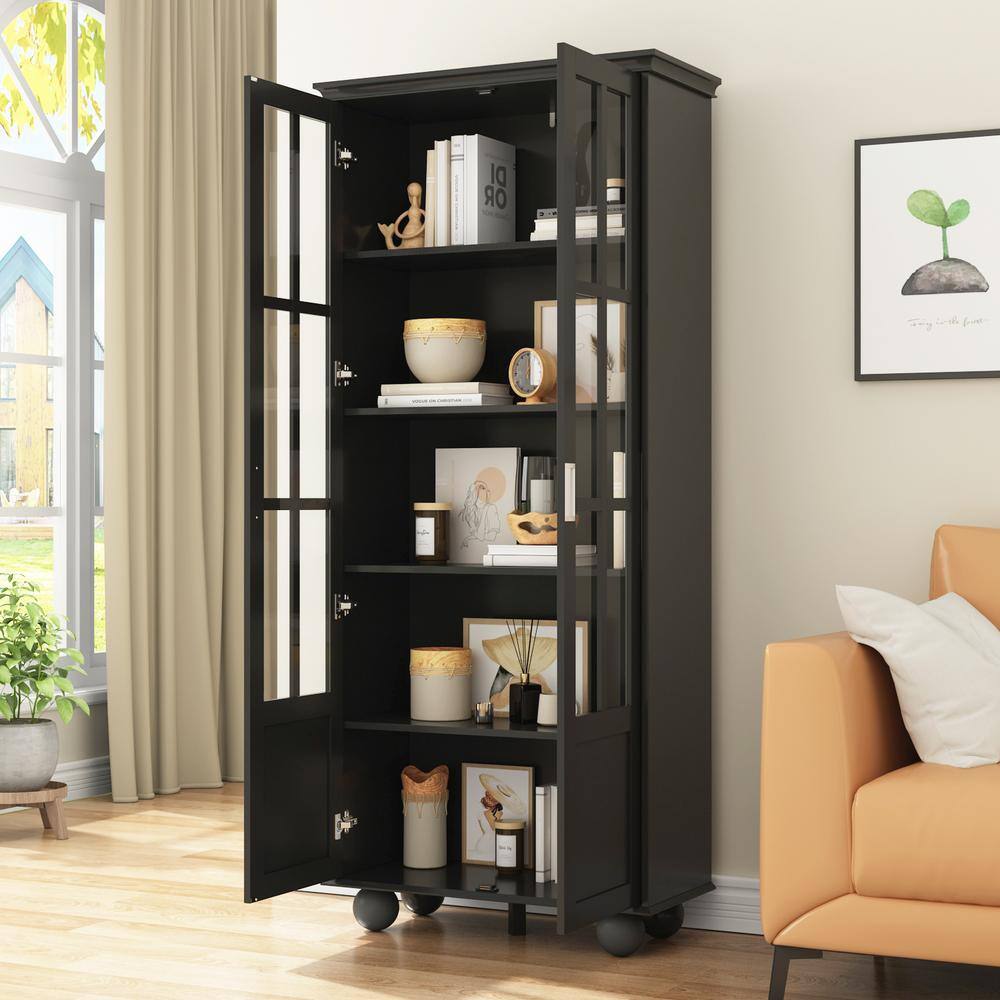 FUFUGAGA 72.3 in. Black 5-Tier Shelves Standard Bookcase with Ball-Shape Legs DRF-WFKF180068-01-DD