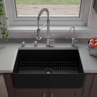 ALFI BRAND Black Matte Fireclay 33 in. Single Bowl Farmhouse Apron Workstation Kitchen Sink ABF3318S-BM