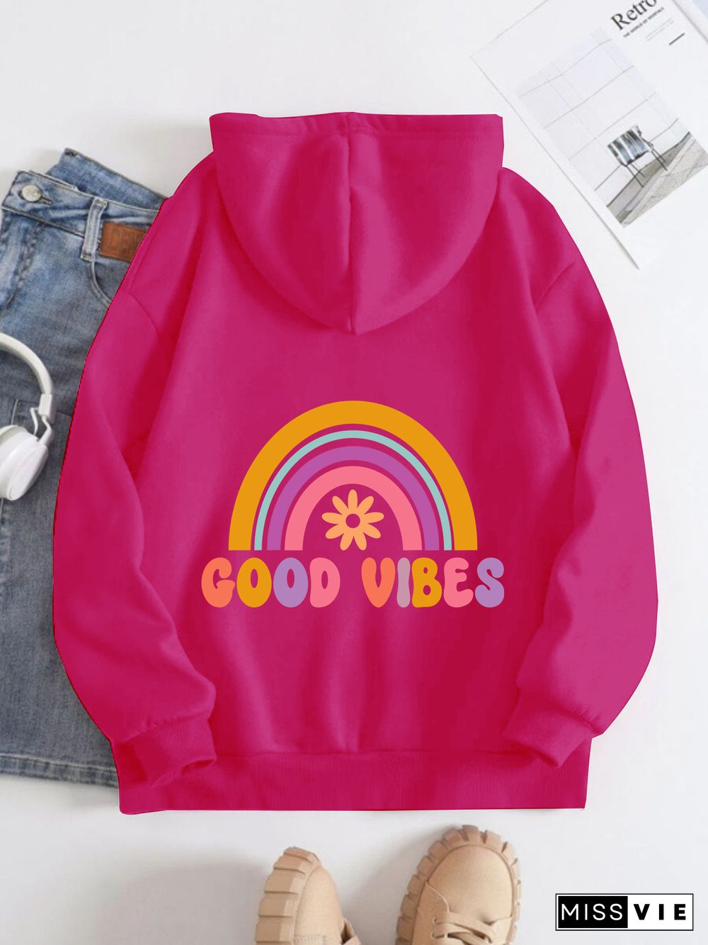 Printed on the Back Kangaroo Pocket Hoodie Long Sleeve for Women Pattern good vides