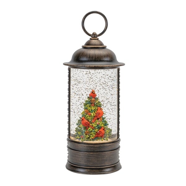 LED Snow Globe Lantern with Cardinal Holly Tree 9.75H