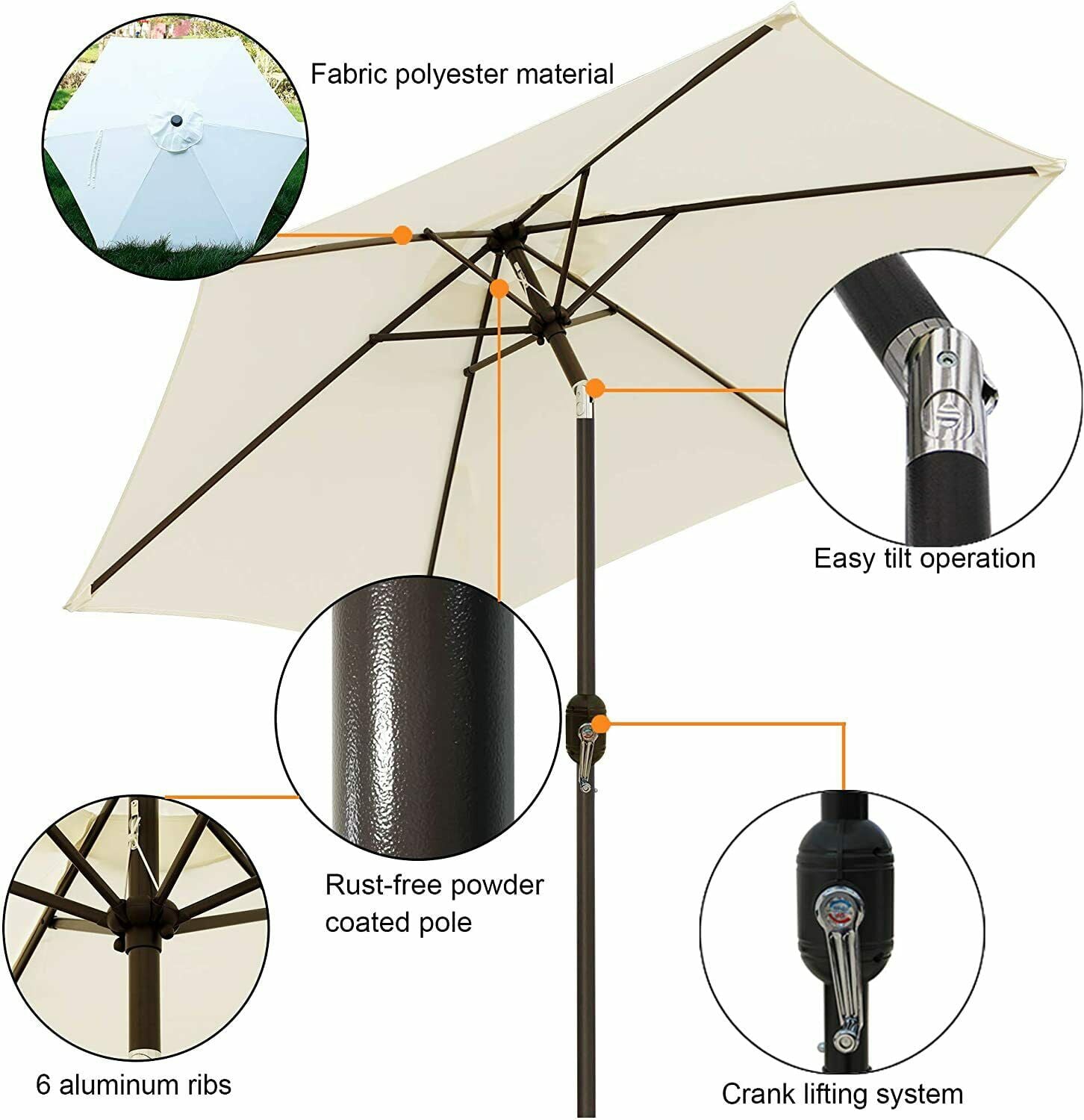 SUGIFT 7.5' Outdoor Market Patio Umbrella, Cream