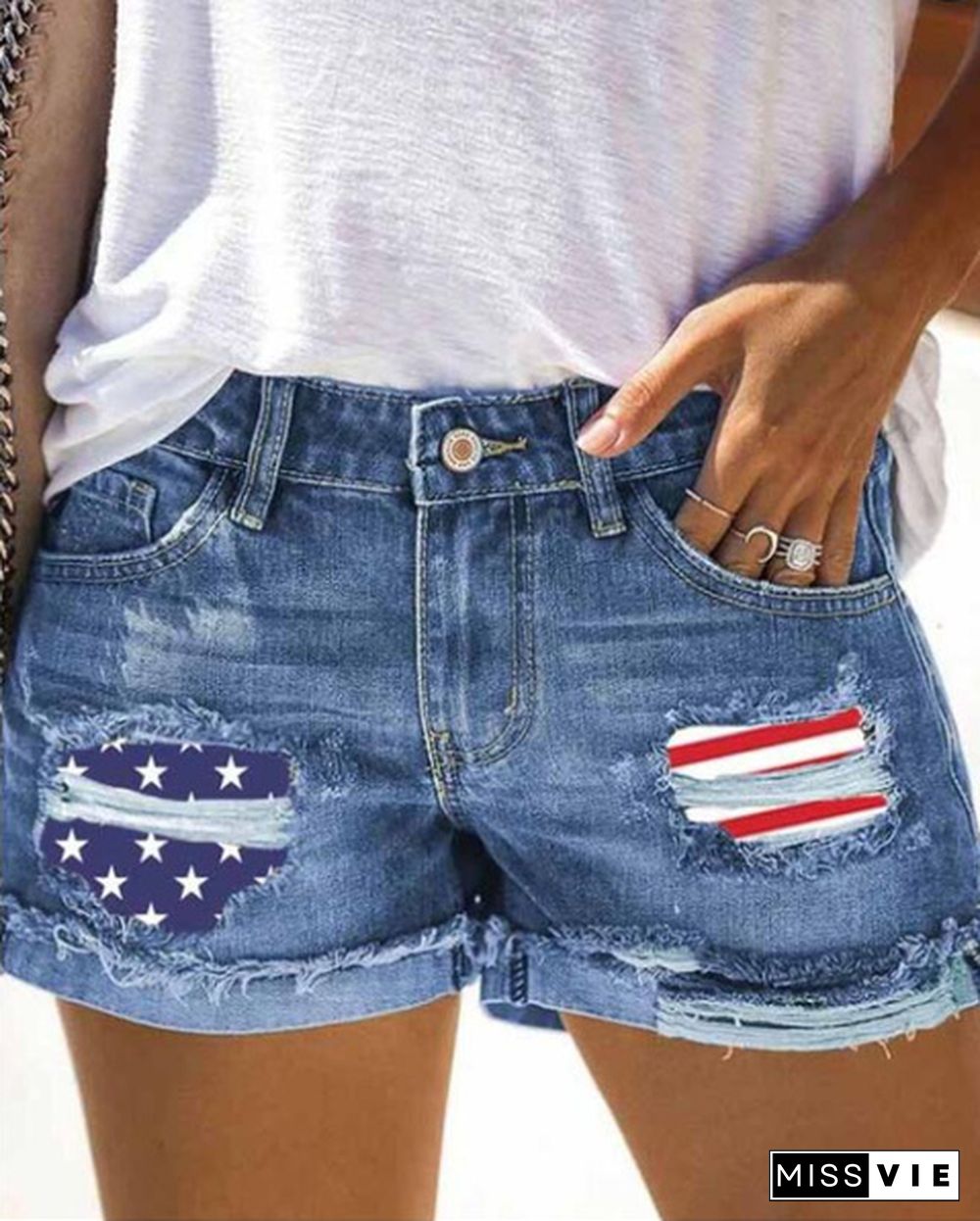 High Quality Women's Sommer Casual Slim Denim Shorts American Flag Printed Denim Shorts Pants Jeans