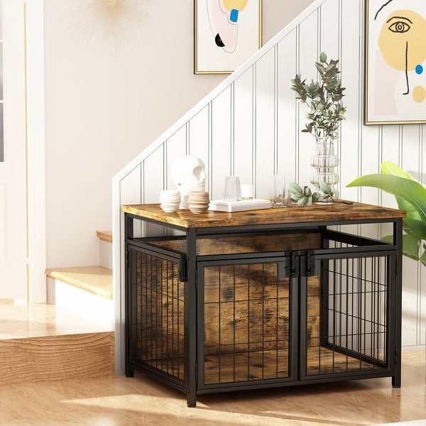 Grondin Rustic Industrial Style Wooden Dog Crate Dog Kennel with Three Lockable Doors， Indoor Pet Furniture Dog House End Table