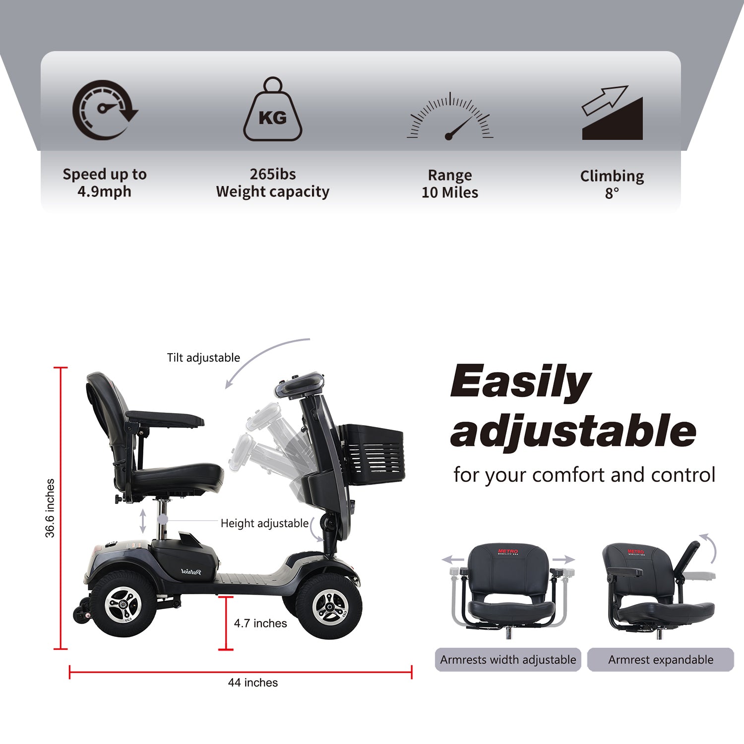 Folding 4 Wheels Mobility Scooter with USB Charging Port, Windshield, LED Head and Rear Light - Gray