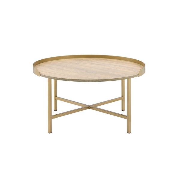 Contemporary Coffee Table with Gold Finish Round Table Top， Wood Sofa Table with Cross Bar Styled Metal Base for Living Room