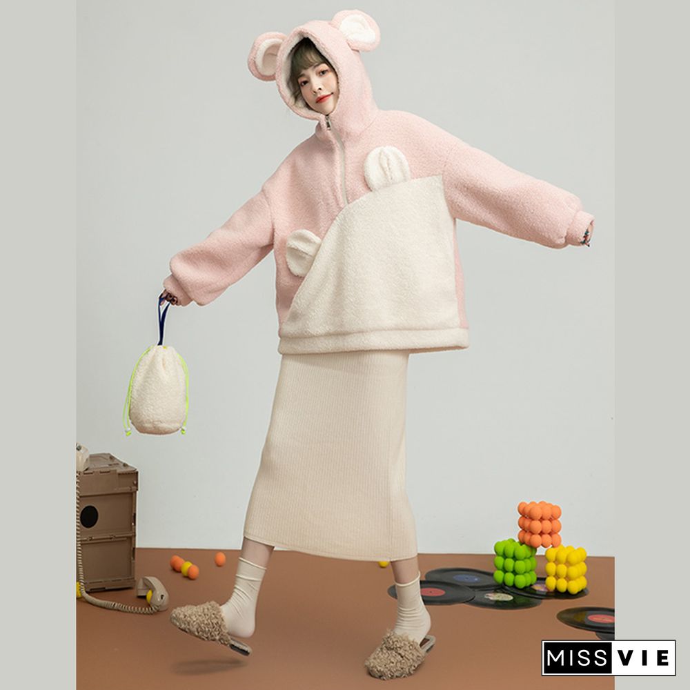 Cartoon Bear Ears Zipper Colorblock Loose Hoodie