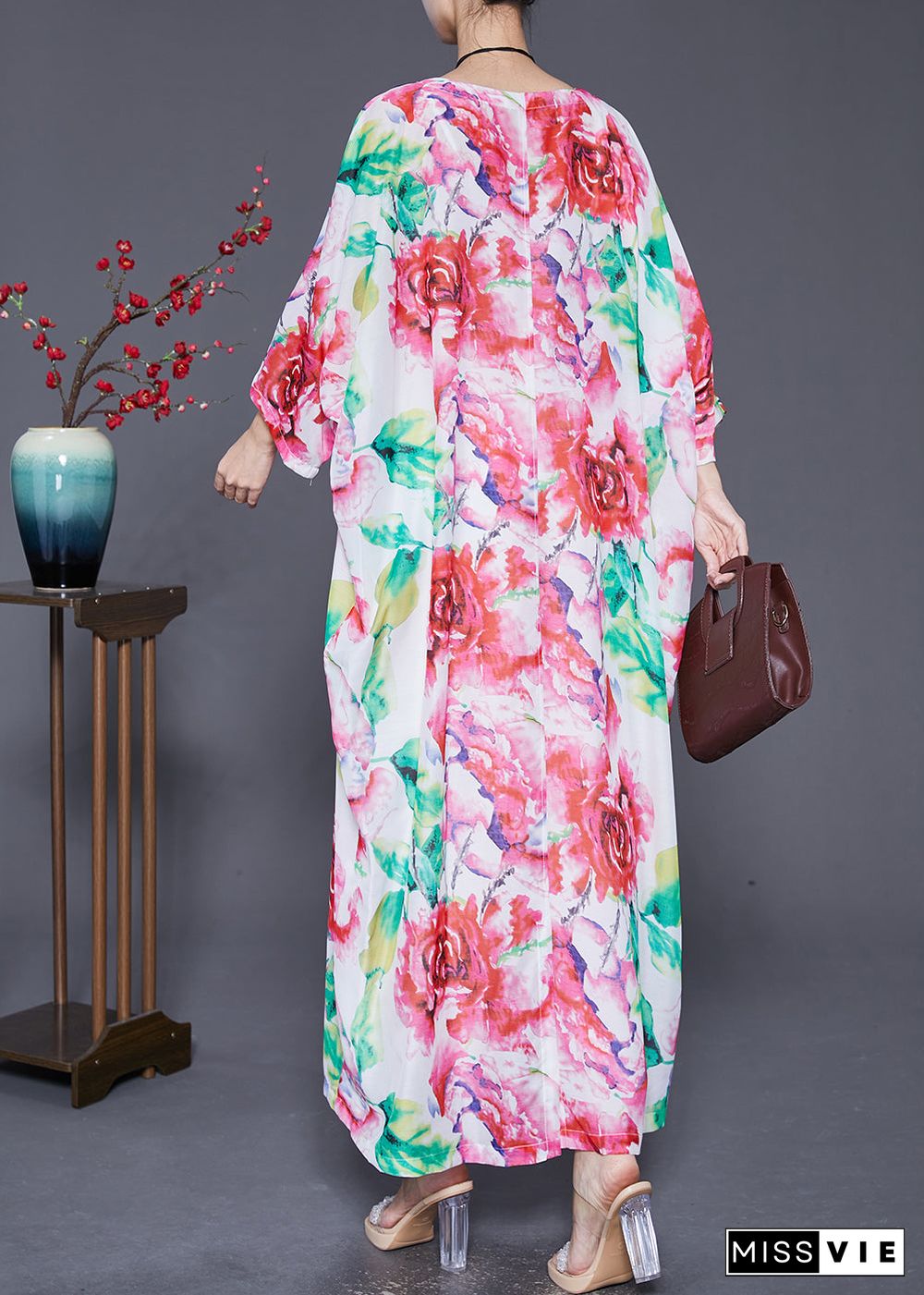 Plus Size Pink Oversized Floral Print Cotton Dress Batwing Sleeve