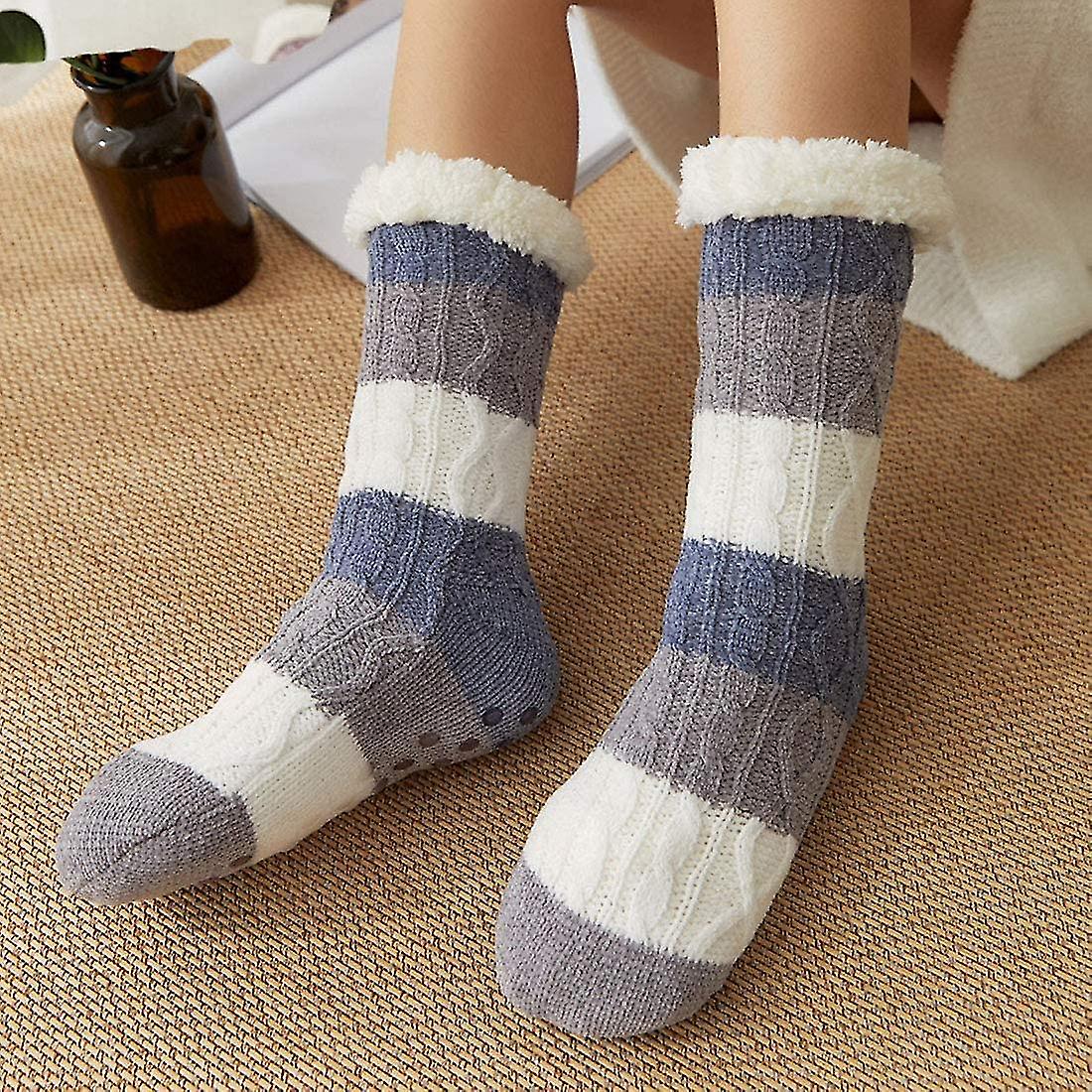 Women Slipper Socks Warm Fluffy Socks Soft Fuzzy Socks Winter Knit Socks Chenille Stripe