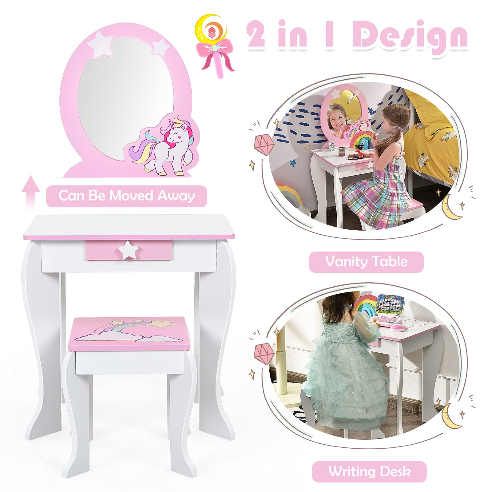 Costzon Kids Vanity Set with Mirror, 2 in 1 Wooden Princess Makeup Dressing Table with Detachable Top