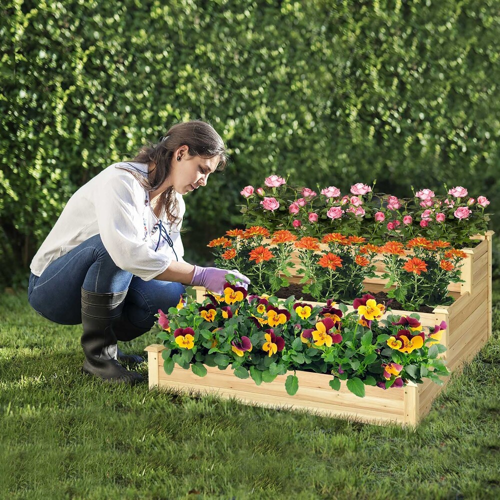 Costway 3 Tier Raised Garden Bed Wood Planter Kit for Flower Vegetable   48'' x 48'' x 22''