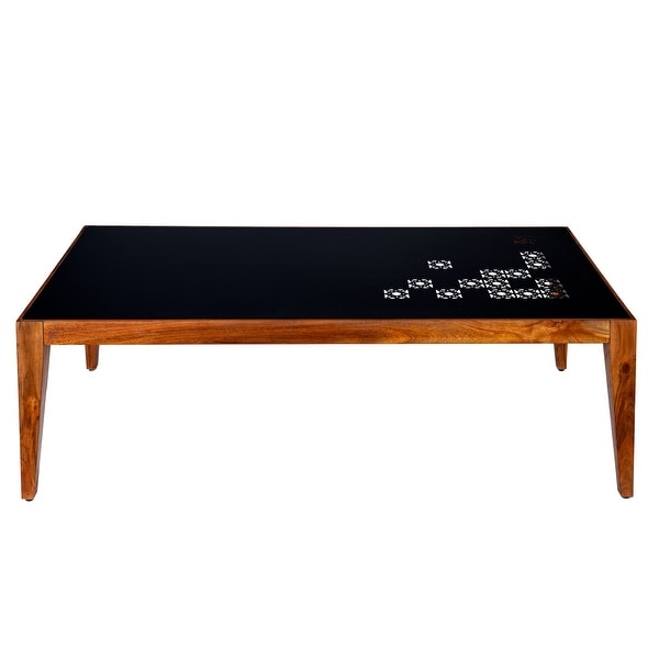 47 Inch Rectangular Metal Top Coffee Table with Laser Cut Design for iving Room， Home， Office， Black and Brown