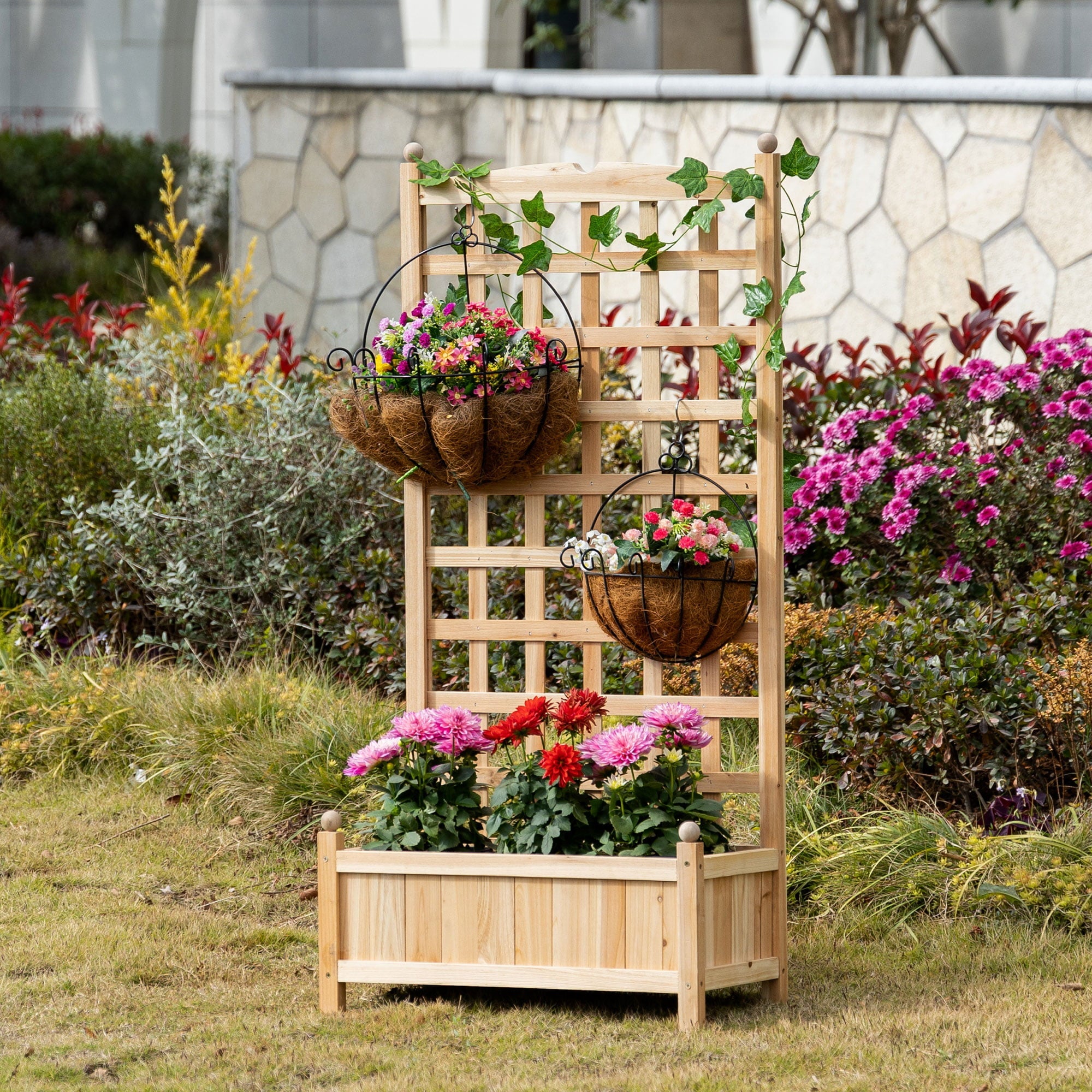 Outsunny 24" x 12" x 49" Raised Garden Bed with Trellis Board Back