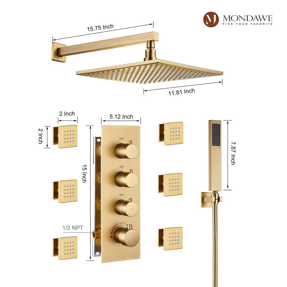 Mondawe Luxury LED Thermostatic 3-Spray Patterns 12 in. Wall Mount Rain Dual Shower Heads with 6-Jet in Brush Gold WF-6374-12-BG