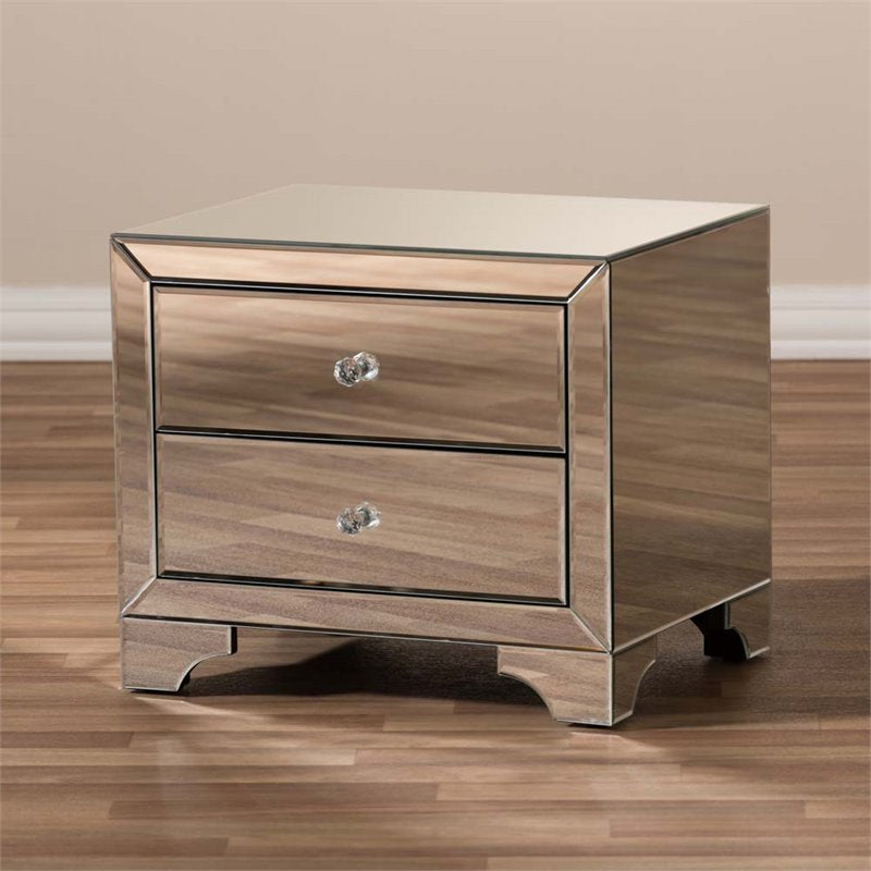 Home Square 2 Drawer Nightstand Set in Mirrored Silver Gray (Set of 2)