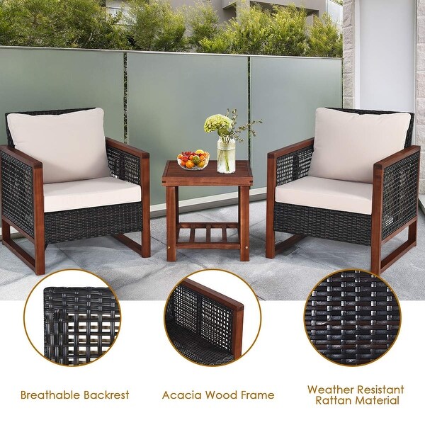 3 Pieces Outdoor Patio Furniture Set Wicker Chairs with Table，Balcony Porch Furniture Bistro Set with Cushions for Garden