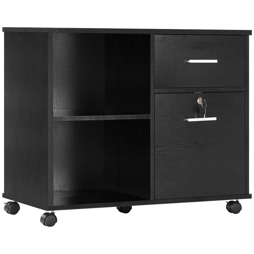 Vinsetto Black Lateral File Cabinet with Wheels, Mobile Printer Stand with Open Shelves and Drawers 924-039BK