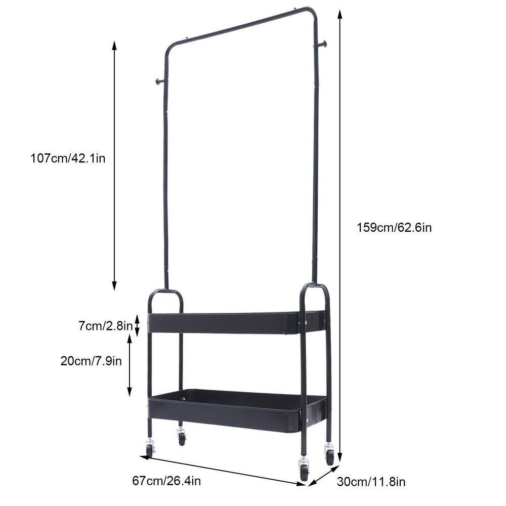 YIYIBYUS 2-Tier Carbon Steel 4-Wheeled 2-In 1 Freestanding Garment Rack in Black HG-WMT-8549