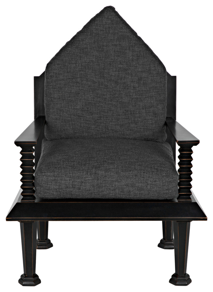 Resurrection Accent Chair  Hand Rubbed Black  Grey Fabric  47 quotH   Traditional   Armchairs And Accent Chairs   by Noir  Houzz