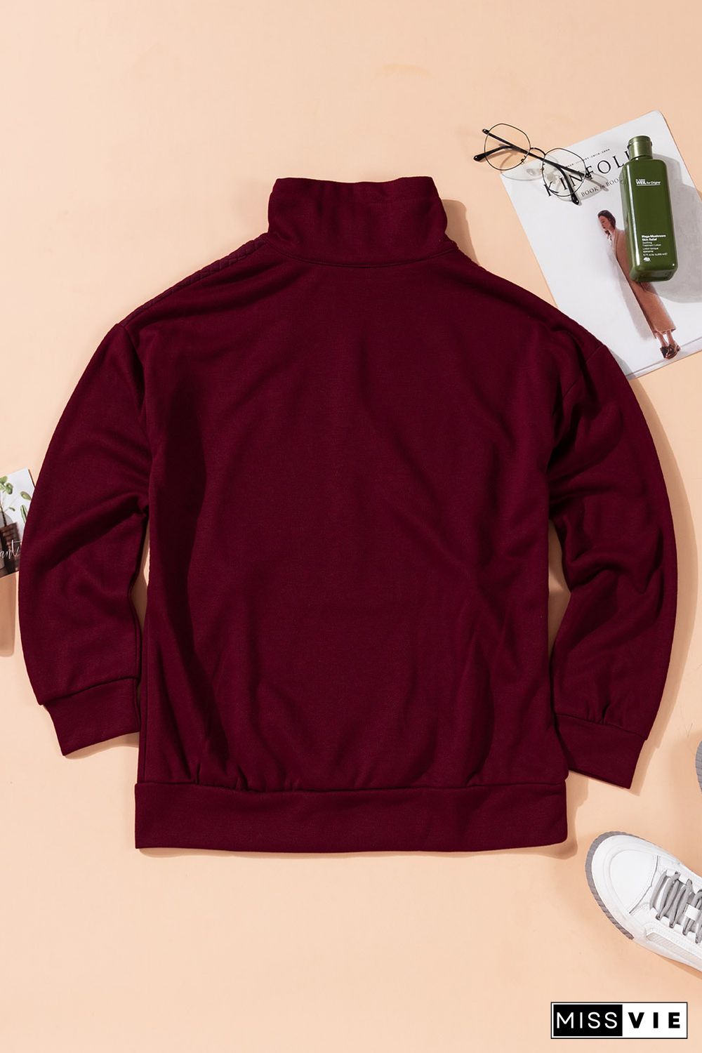 Wine Quilted Patch Half Zipper Sweatshirt