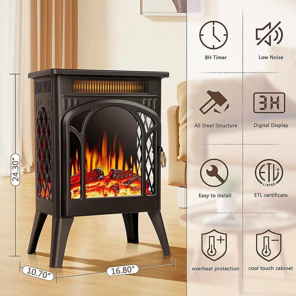 16 Inch Electric Fireplace  Freestanding Fireplace Stove with 3D Flame Effect Remote  Black