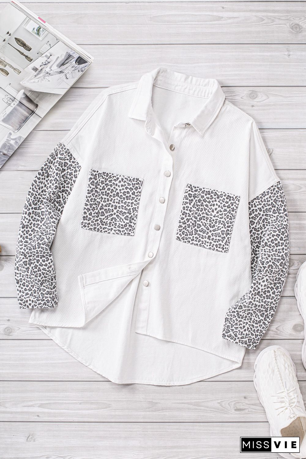 White Contrast Leopard Denim Jacket