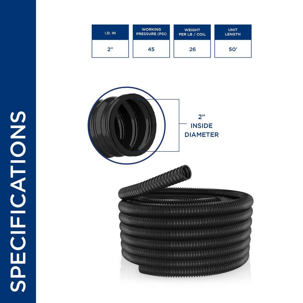 Alpine Corporation 2 in. I.D. x 50 ft. Multi-Use Pond Black Kink Free Corrugated Non-Kink Flexible PVC Tubing KFH200-50