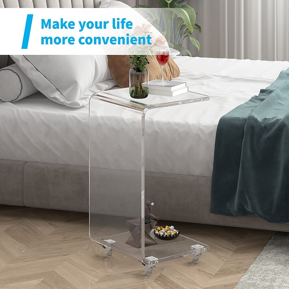 Mixoy C Shape End Table  Acrylic Side Table with Lockable Universal Wheels  Transparent Coffee Table for Storage