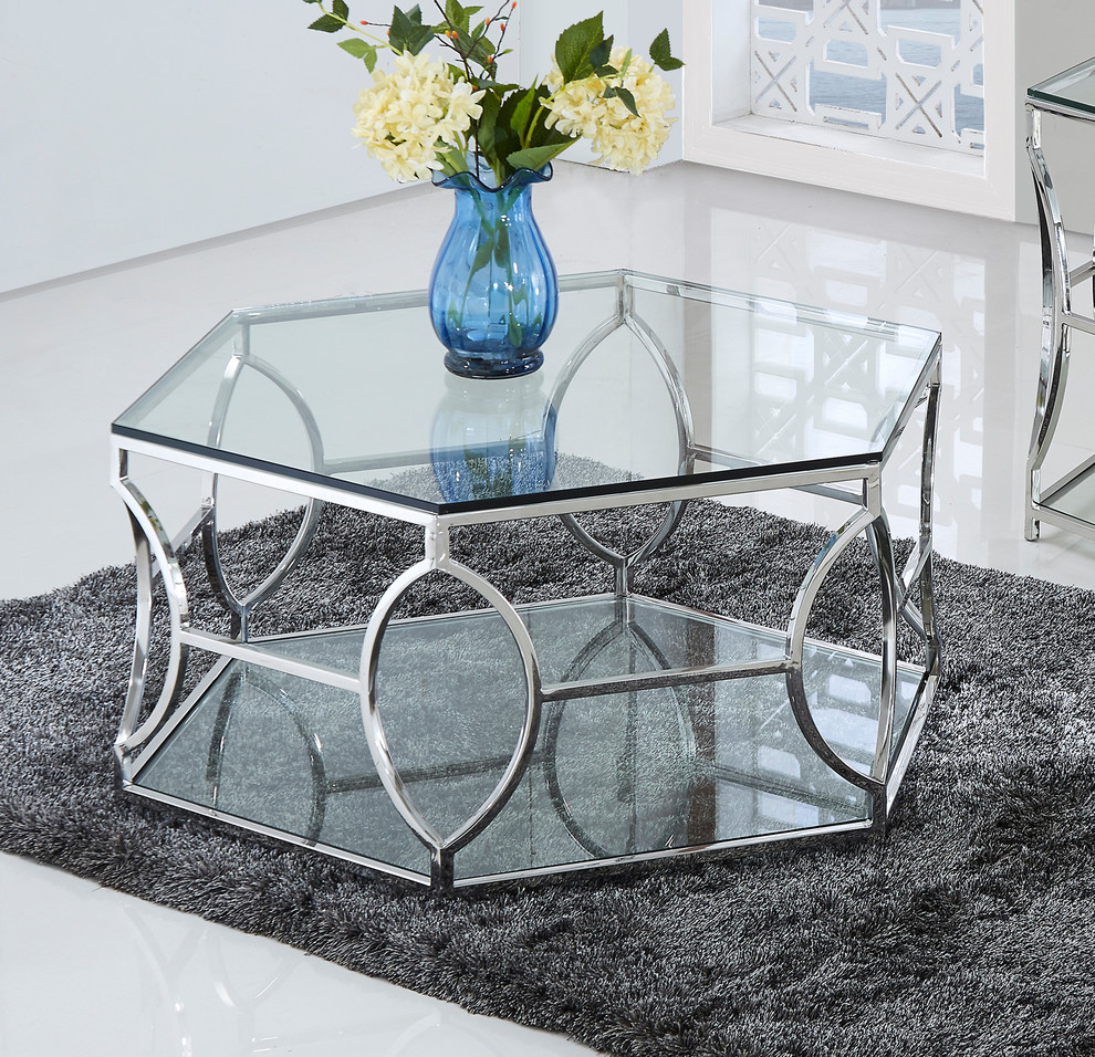 Brooke Hexagonal Silver Clear Glass Coffee Table   Contemporary   Coffee Tables   by Furniture Import  ampExport Inc.  Houzz