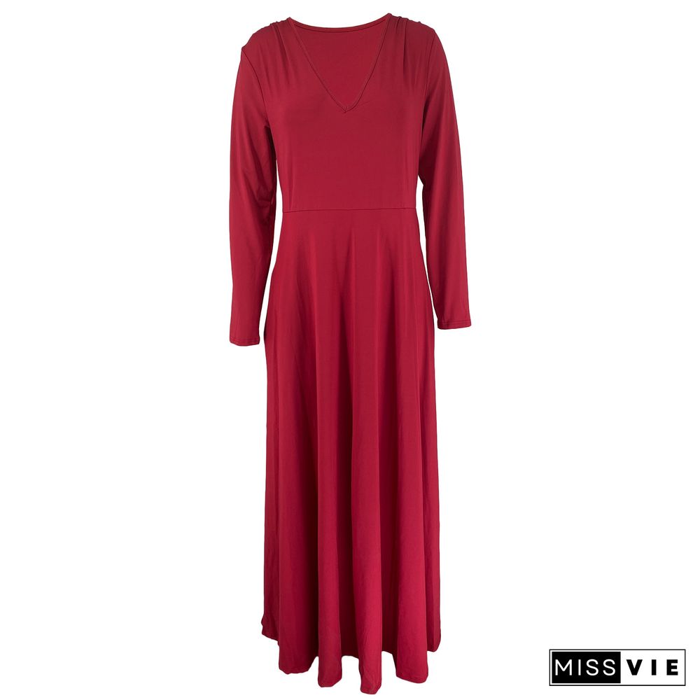 V Neck Long Sleeve Big Hem Plus Size Dress