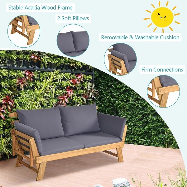 Gymax Adjustable Patio Sofa Daybed Acacia Wood Furniture w/ Cushion