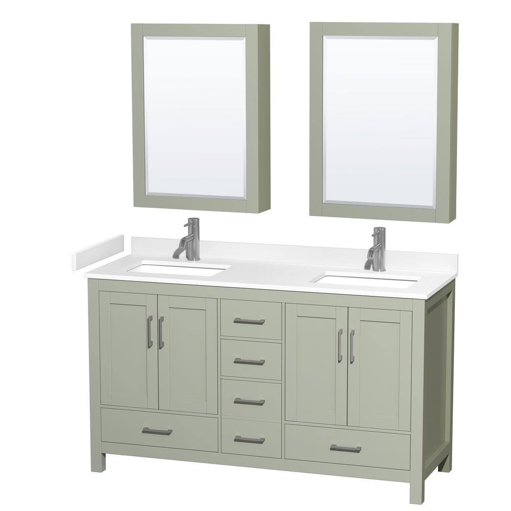 Wyndham Collection Sheffield 60 in. W x 22 in. D x 35 in. H Double Bath Vanity in Light Green with White Cultured Marble Top and MC Mirrors WCS141460DLGWCUNSMED