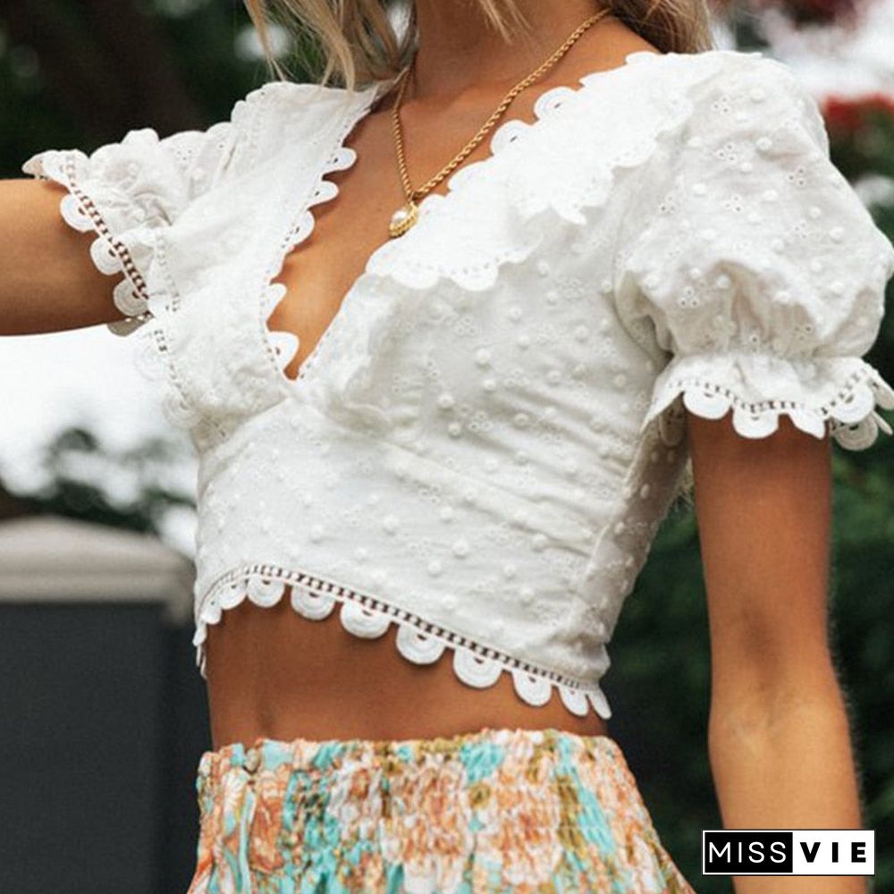 Lace Top Casual Sweet Embroidered Shirt Fashion High Waist Short Sleeve V-neck Puff Sleeve Elegant Women Bandage Blouses