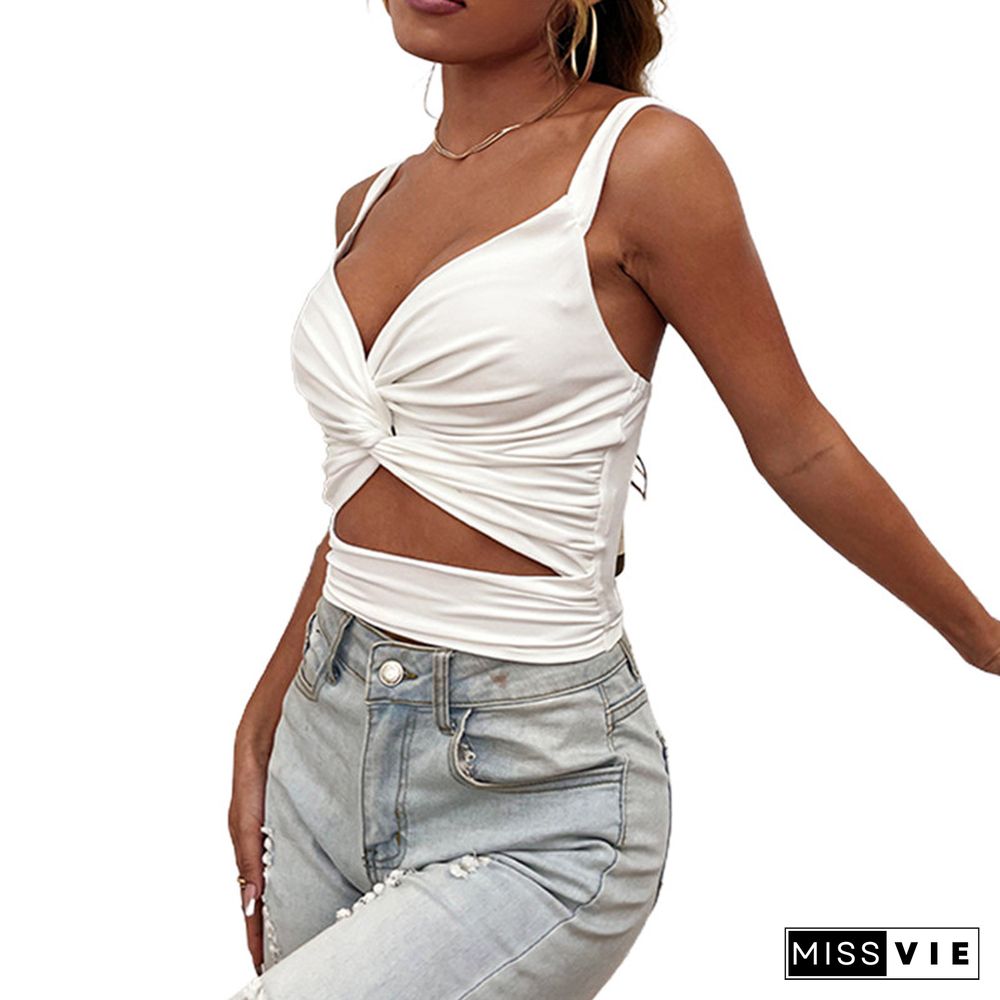 Women Solid Color Cropped Tanktops Hollow Out Sleeveless Deep V-neck Knot Camislor Summer Slim Vest