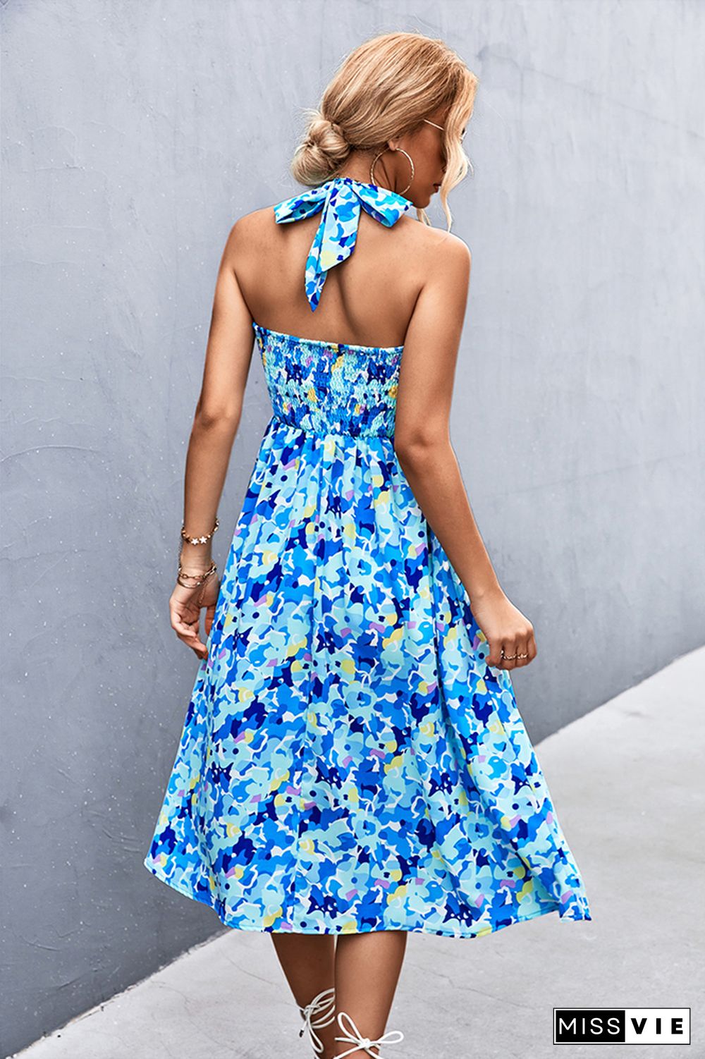 Ruffle Printing Halter Dress Wholesale