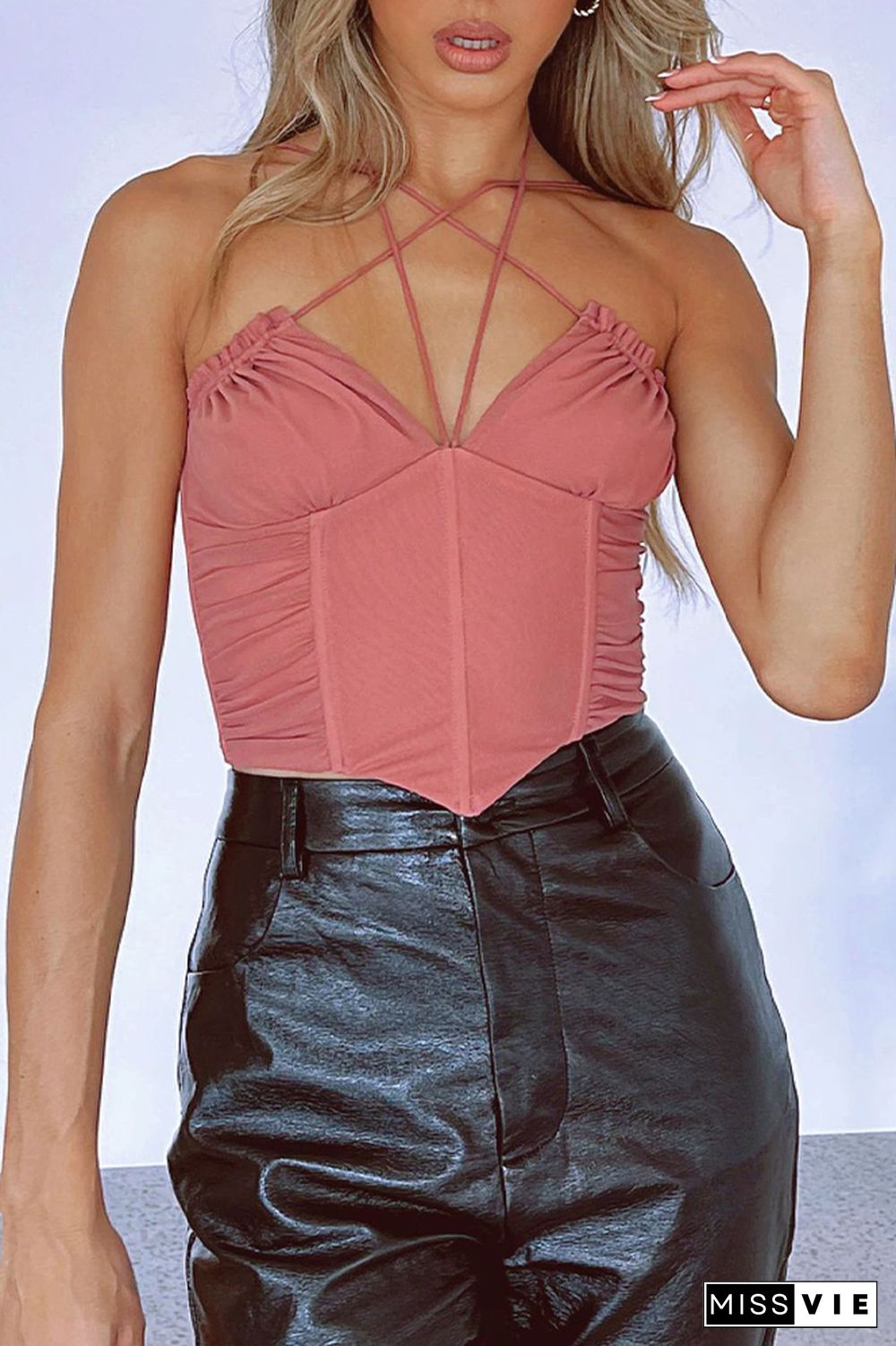 Mesh Cross Strap Pleated Camisole Short Vest Top Wholesale