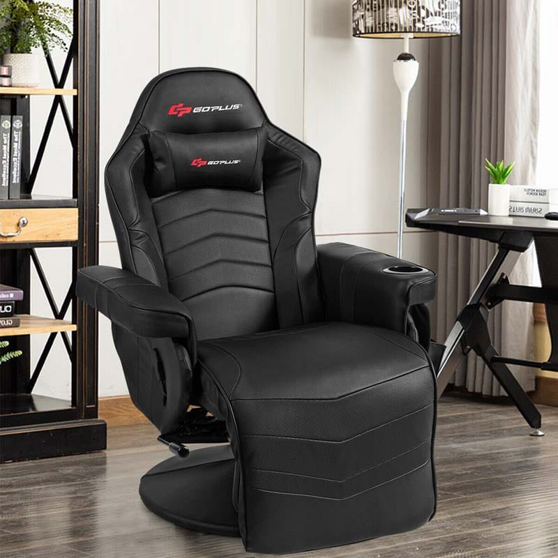 PU Leather Massage Gaming Chair, Ergonomic High Back Racing Style Gaming Recliner with Adjustable Backrest & Footrest, Cup Holder, Side Pouch