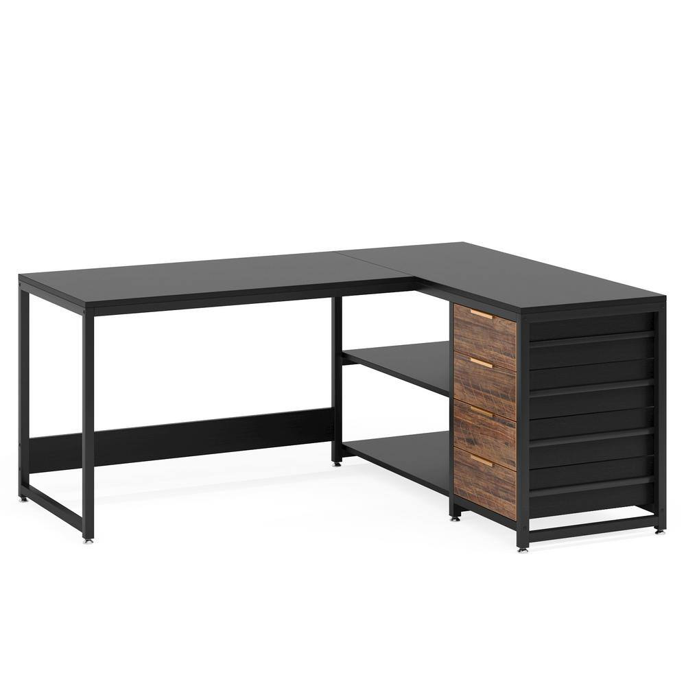 BYBLIGHT Lanita 59 in. L Shaped Black Particle Board 4 Drawer Computer Desk Reversible Corner Office Desk Sturdy Writing Table BB-XK00174XF