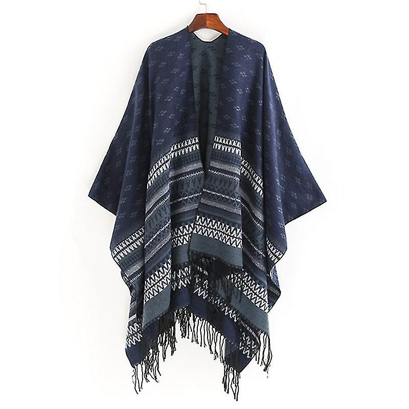 Women's Tassel European And American Street Wavy Stripe Poncho Pashmina Shawl Wrap Cape Sweater