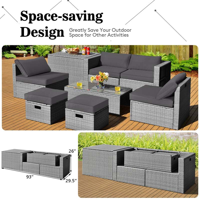 8 Pcs Rattan Patio Sectional Furniture Set Wicker Outdoor Cushioned Sofa Set with Storage Box & Waterproof Cover