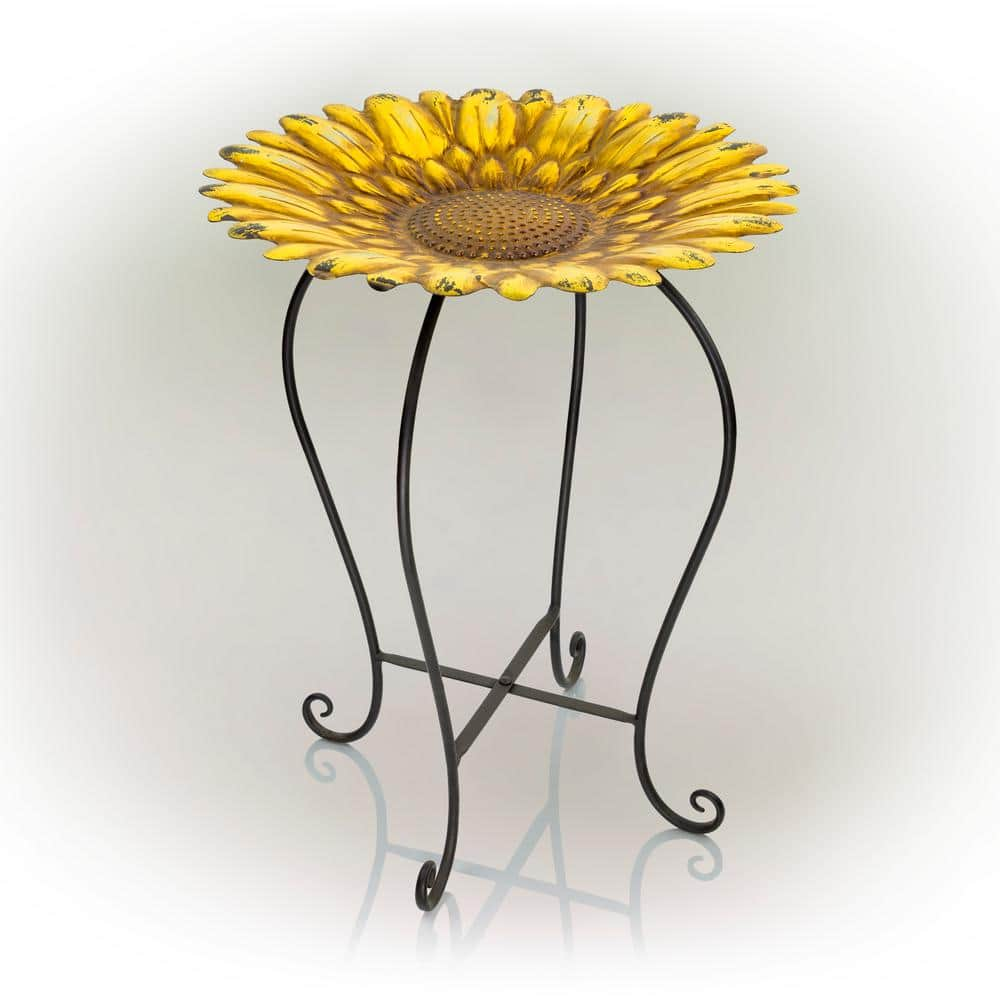 Alpine Corporation 19 in. Tall Embossed Metal Sunflower Birdbath Decoration Yard Statue MAZ470