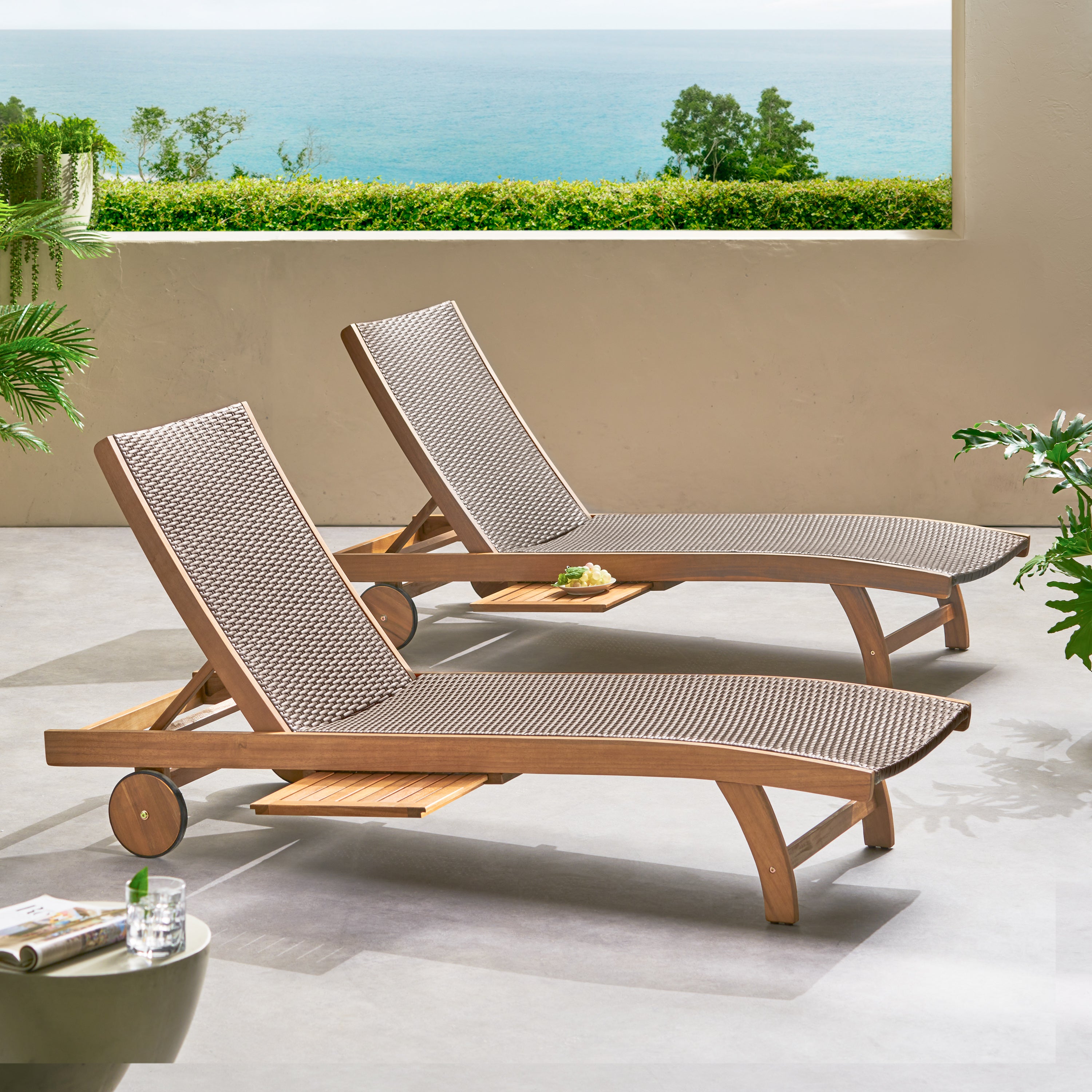 Yedda Outdoor Wicker and Wood Chaise Lounge with Pull-Out Tray