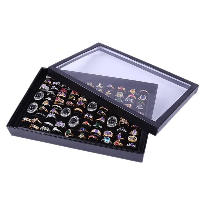 Velvet 100 Slots Ring Earrings Display Box Showcase Storage Case Holder Tray Jewelry Organizer Boxes with Lid Black