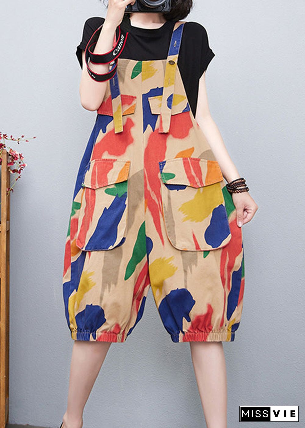 DIY Apricot Slash Neck Print High Waist Jumpsuit Summer