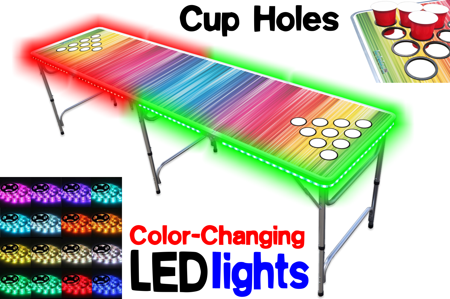 8-Foot Professional Beer Pong Table w/ Cup Holes &amp; LED Glow Lights - Color Spectrum Edition