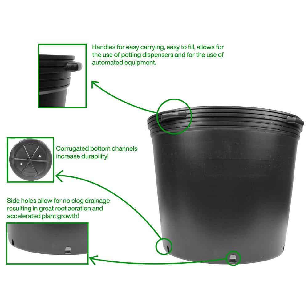 Viagrow 20 Gal. 80 qts. Black Round Plastic Nursery Garden Pots 77.22 l3.17 cu. Ft. (5-Pack) VHPP2000-5