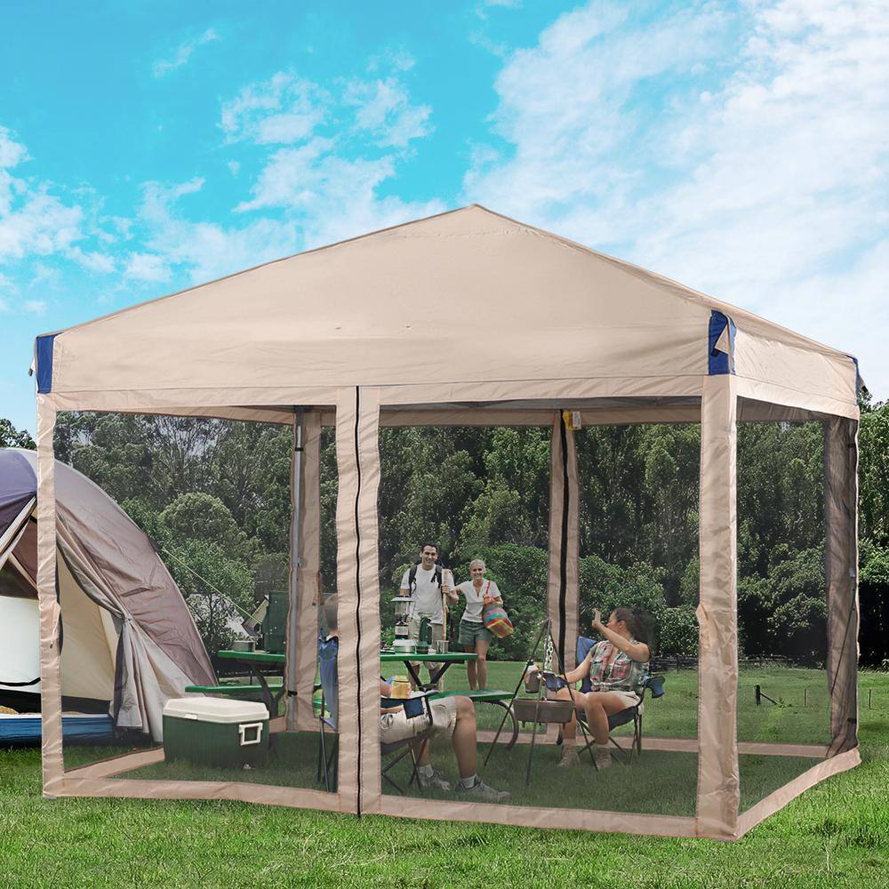 Aoodor 10 ft. x 10 ft. Pop Up Canopy Tent with Removable Mesh Sidewallwith Roller Bag-Brown 800-152-BR-N