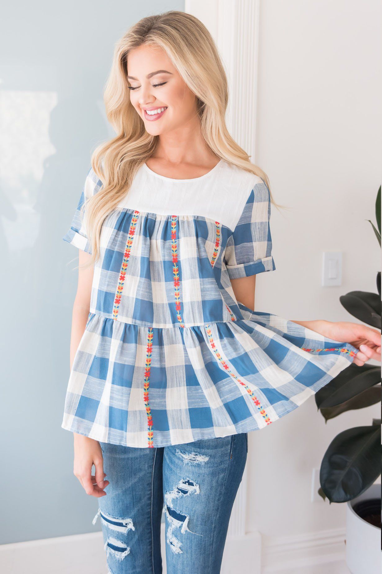 Playful Plaid Modest Blouse