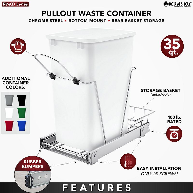 Rev-a-shelf Pull Out Trash Can 35 Qt For Kitchen Cabinets， Blue， Rv-12kd-22c-s