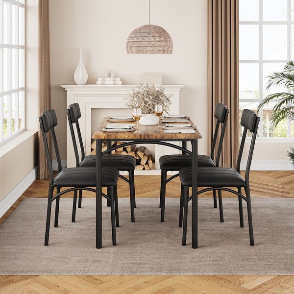 Dining Table Set for 4， Kitchen Table and Chairs， Metal and Wood Rectangular Dining Room Table Set with 4 Upholstered Chairs